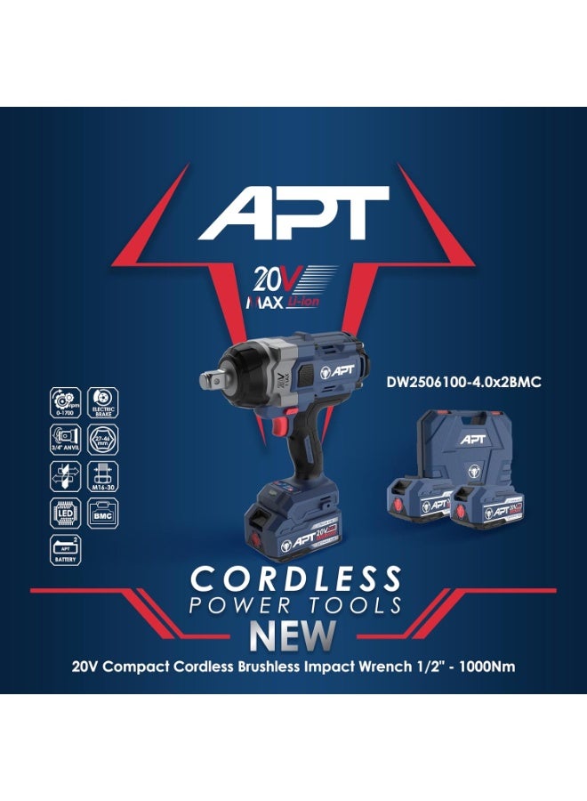 ايه بي تي شنيور فك و ربط براشليس بطارية 3/4 بوصه 20 فولت 4 امبير 1000 نيوتن 3 سرعة 2 بطاريه APT DW2506100-4.0x2BMC - Image 2